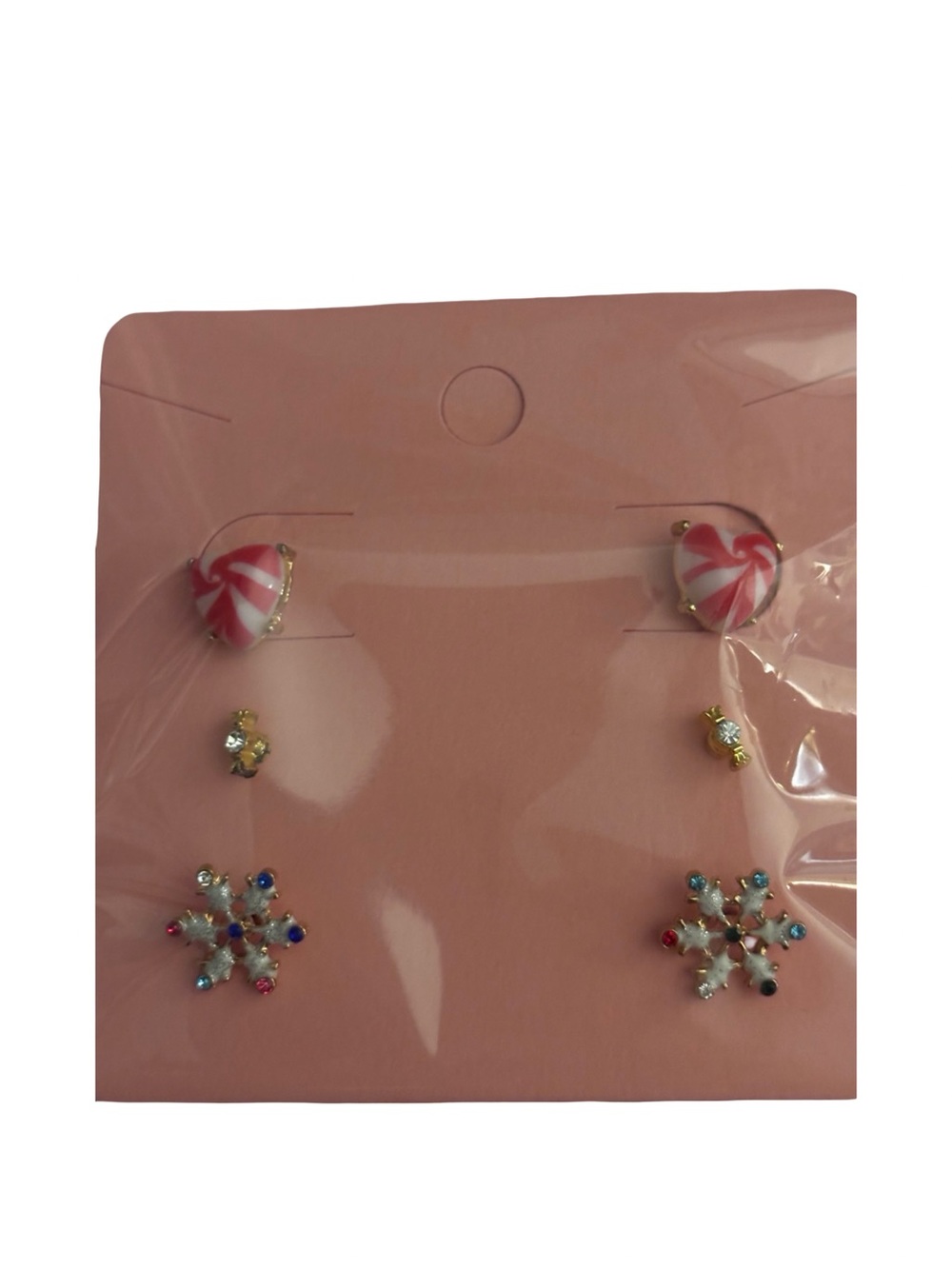 Holiday Pink Candy Hearts, Crystal Sweet Candy, Multicolor Snowflake Earrings